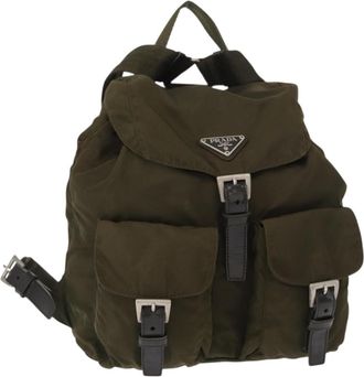 Prada Double Front Pocket Backpack Tessuto Khaki Nylon Backpack Bag (Pre-Owned)