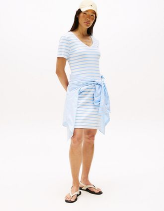Tommy Hilfiger Womens Striped Ribbed V-Neck T-Shirt Dress - Blue - XS