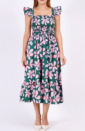 Leota Ivanna A-Line Smocked Midi Dress in Dancing Daisies Evergreen at Nordstrom, Size X-Large