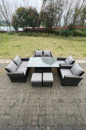 Fimous Rattan Outdoor Furniture Adjustable Rising Lifting Rectangle Dining Table Love Sofa Set Footstool 8 Seater in Dark Grey