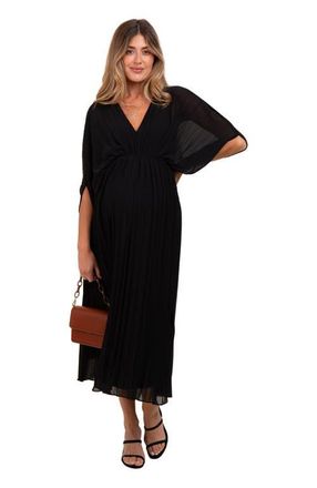 Pinkblush Pleated V Neck Maxi Dress in Black at Nordstrom, Size Medium