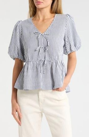 Chenault Bow Short Sleeve Seersucker Peplum Top in Navy White at Nordstrom Rack, Size X-Large