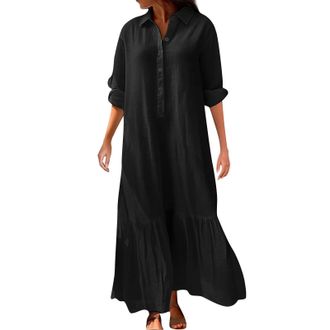 Generic T Shirt Dress for Women UK Linen Button Dress Women Turndown Collar-Casual Dresses for Women to Wear Over Lounge Long Dress Plus Size Bodycon Dress Ba
