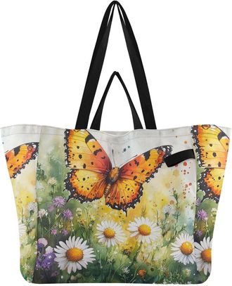 Generic Butterfly Flowers Yellow print Reusable Canvas Tote Bag, Heavy Duty Grocery Shopping Bag with Large Capacity Double Handles Hard Bottom Work Groceries