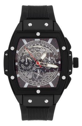 Ed Hardy Tonneau Three Hand Quartz SIlicone Strap Watch, 48mm in Black at Nordstrom Rack