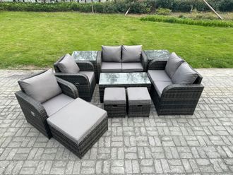 Fimous 10 PCS Rattan Garden Furniture Set Outdoor Patio Sofa, Table & Chairs Coffee Table 3 Footstools Ideal for Pool Side, Balcony, Outdoor Set