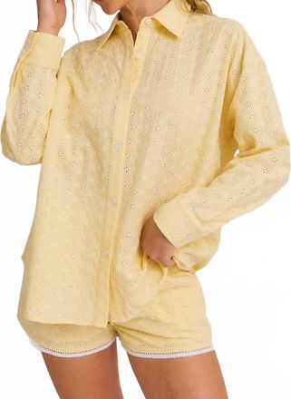 Le Lis Blanc Deux Eyelet Button Down Lace Trim Shorts & Head Scarf Three-Piece Set In Butter Yellow/ Cream