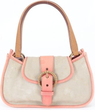 Miu Miu Beige Pink Leather Canvas Handbag Shoulder Bag Tote Bag (Pre-Owned)