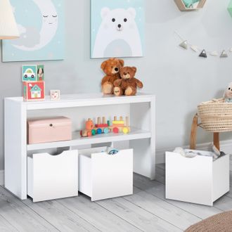 IDMarket Mueble Infantil Mana De Madera Blanca Con 3 Cajones C&uacute;bicos Con Ruedas