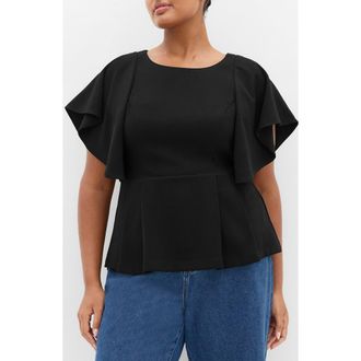 City Chic Flutter Sleeve Peplum Top in Black at Nordstrom, Size 20W