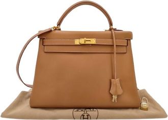 Herm&egrave;s Kelly Handbag Calf Leather With Hardware Gold Gold Calfskin Handbag (Pre-Owned)