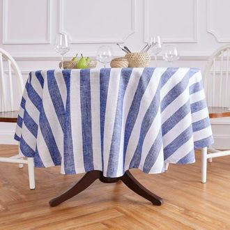 Solino Home Linen Round Tablecloth - Cabana Stripe in Navy And White at Nordstrom, Size X-Large
