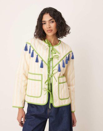 Never Fully Dressed tassel trim striped jacket in cream-White