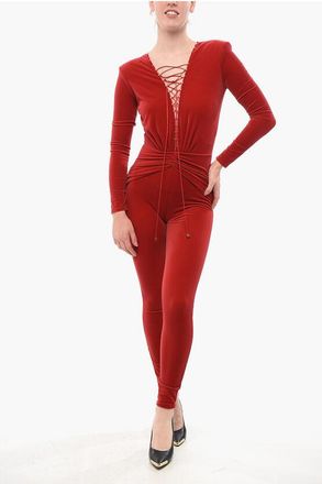 Elisabetta Franchi Velour Jumpsuit with Lace-up Detail and Studs size 40