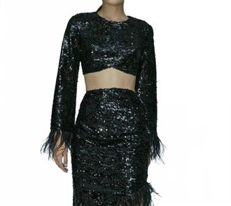 AIIFOS Gala Sequins Cropped Top In Black Sequin