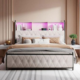 OEM Cama Doble 160x200 - Terciopelo Beige - 4 Cajones - Cargador Usb/type-c - Led Rgb