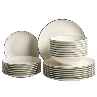 Beliani Vajilla De 24 Piezas De Porcelana Acabado Esmaltado Transparente Con Borde Decorativo Ribete Blanco Crema Y Verde Cumin