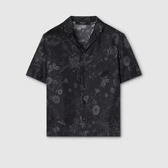 Gucci Printed Silk Twill Bowling Shirt, Size 44, Black, Ready-to-wear