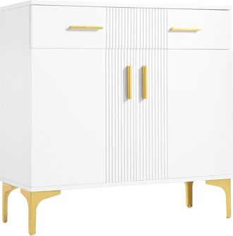 Urban Meuble Aparador blanco con 2 puertas y 2 cajones, tiradores y patas dorados