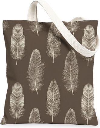 Generic Feather Pattern Canvas Tote Bags, Stylish Bohemian Chic Reusable Grocery Bags, Eco-Friendly Lightweight Washable Shoulder S, Brown, 13x15 Inch