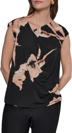 DKNY Floral Asymmetric Neck Top in Black Multi at Nordstrom, Size X-Large