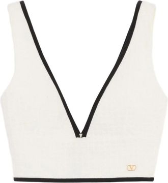 Valentino Canestrello Cotton Tweed Top - Dames - V-hals truien - Wit - L - Tweed - Truien & Vesten