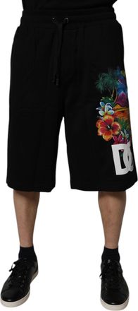 Dolce & Gabbana Black Cotton Logo Floral Print Bermuda Mens Shorts