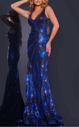 Jovani V-Neck Gown With Front Drape Detail In Blue