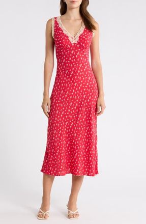 Lucky Brand Simone Lace Detail Ditsy Slipdress in Red Ditsy at Nordstrom, Size Xx-Large