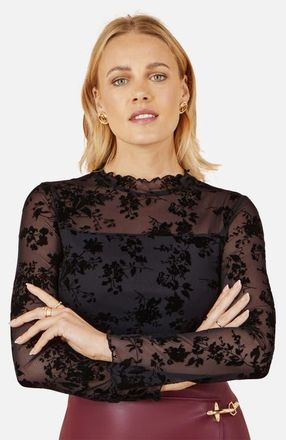 Yumi Flocked Floral Stretch Mesh Top in Black at Nordstrom, Size 10