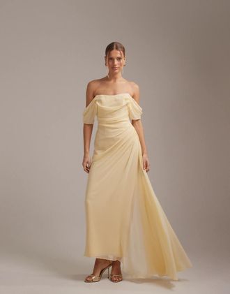 Asos Vestito da damigella con scollo alla Bardot in georgette giallo