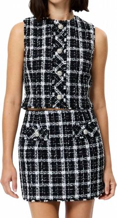 French Connection Windowpane Tweed Crop Top In Black/white