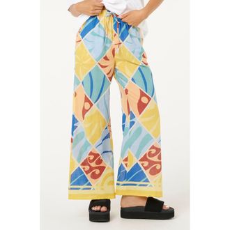 Rip Curl Print Tie Waist Wide Leg Pants in Yellow Multi at Nordstrom, Size Medium