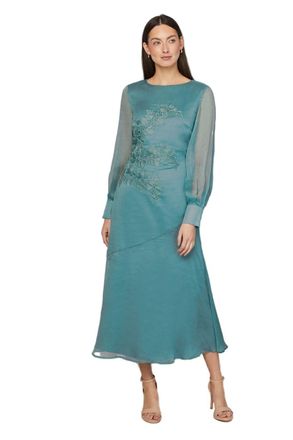 Wallis Chiffon Applique Placement Midi Dress, 12, Turquoise