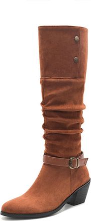 Generic Womens Slouchy Pointed Toe Faux Suede Knee High Boots Buckle Strap Chunky Heel Boots Multi Color Stylish Comfortable For Fashion Party Daily,Brown,6.5