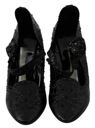 Dolce & Gabbana Womens Black Floral Crystal Cinderella Heels Shoes Pvc