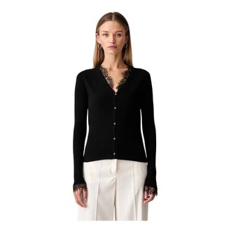 Pinko Pinko, Truien & Vesten, Dames, Zwart, XS, Wol, Fitted Lace-Trim Cardigan