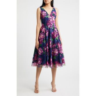 Eliza J Floral Print Sleeveless Fit & Flare Cocktail Dress in Navy Multi at Nordstrom, Size 10