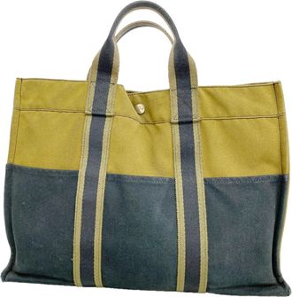 Herm&egrave;s Black Khaki Canvas Tote Bag (Pre-Owned)