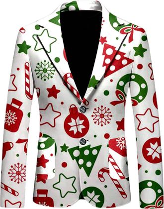 Generic MenS Holiday Party Blazer, Christmas Suit Jacket With Festive Patterns, Xmas Theme For Gatherings, Dinners, And Seasonal Events White