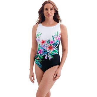 Longitude Panel Scoopback Highneck Long Torso One-Piece Swimsuit in Bora Bora at Nordstrom, Size 14