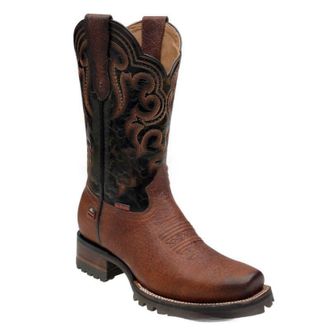 Generic Mens Low Block Heel Platform Boots Square Toe Mid-Calf Boots with Embroidery Stitched Pull on Western Cowboy Boot,Brown,8.5 UK