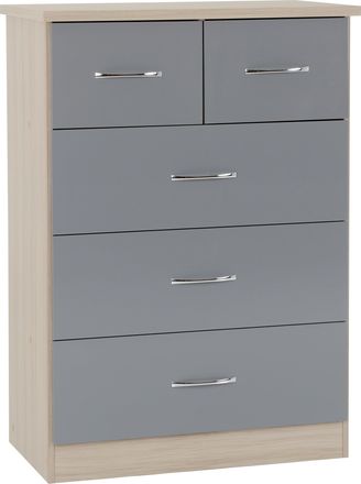 Seconique NEVADA 3+2 DRAWER CHEST - GREY GLOSS/LIGHT OAK EFFECT VENEER - SECONIQUE | TJ Hughes
