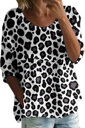 Generic Cotton Blouses for Women UK, Linen Tops for Women UK, 3/34 Sleeve Crew Neck Boho T-Shirts Elegant Floral Print Blouses Breathable Lightweight Shirts B