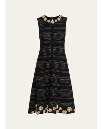 Teri Jon Striped Crochet Floral Applique Midi Dress