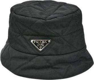 Prada Pre-owned Accessories, female, Black, Size: ONE SIZE Pre-owned Triangle Logo Nylon Bucket Hat