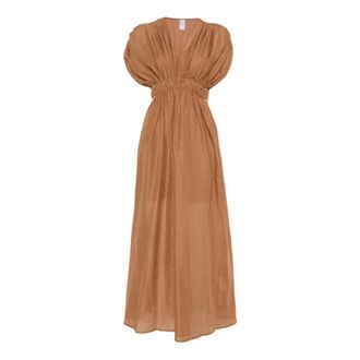 120% Lino Gathered V-neck Maxi Dress - female - 120% Lino - Maxi Dresses - Brown - XL - Dresses