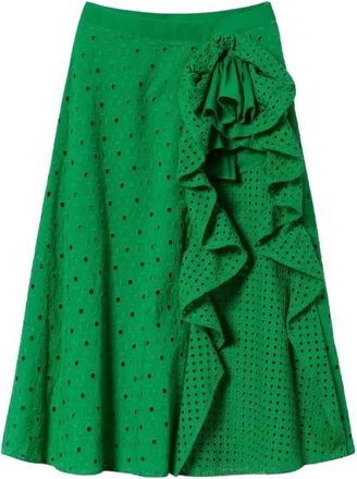 Twinset Sangallo Gerimpelde Lange Rok - Dames - Midirokken - Groen - S - Katoen - Rokken