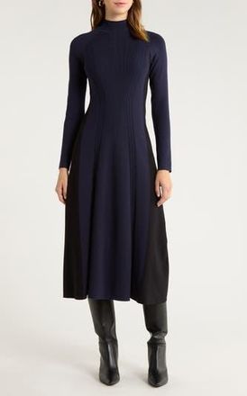 Reiss Zaya Mock Neck Long Sleeve Rib Dress in Navy/black at Nordstrom Rack, Size X-Small