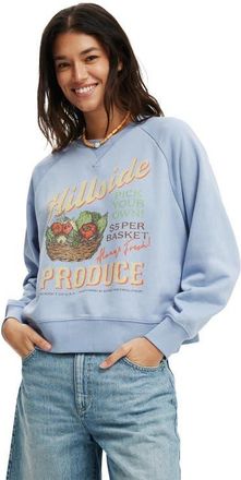 Cotton On Womens Classic Fleece Graphic Raglan Crew Sweatshirt in Hillside Produce Dusk Blue at Nordstrom, Size X-Large